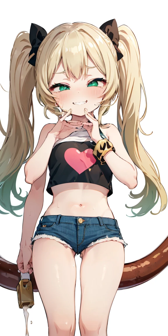 1 girl,heart-shaped pupils, blond hair, blonde hair, (((golden blond hair))), ((green eyes)), green colored eyes, long hair, ((((long twintails)))), Upper body, trembling, Sweat, Sweatdrop, heart, (speed line:1.1), ((Flat milk)), ((heavy breathing:1.3)), like, heart, mesugaki look, Yandere, ((jagged teeth)), small breasts, (((white crop top))), ((solid white crop top)), ((strapless)), midriff, ((short denim shorts)), ((twin tails)), ((tsundere)), (((evil smile, mesugaki look, smile))), ((black hairbow)), simple white background, sleveless, adult, (Standing footjob pov, male, male penis), (((****, young)))