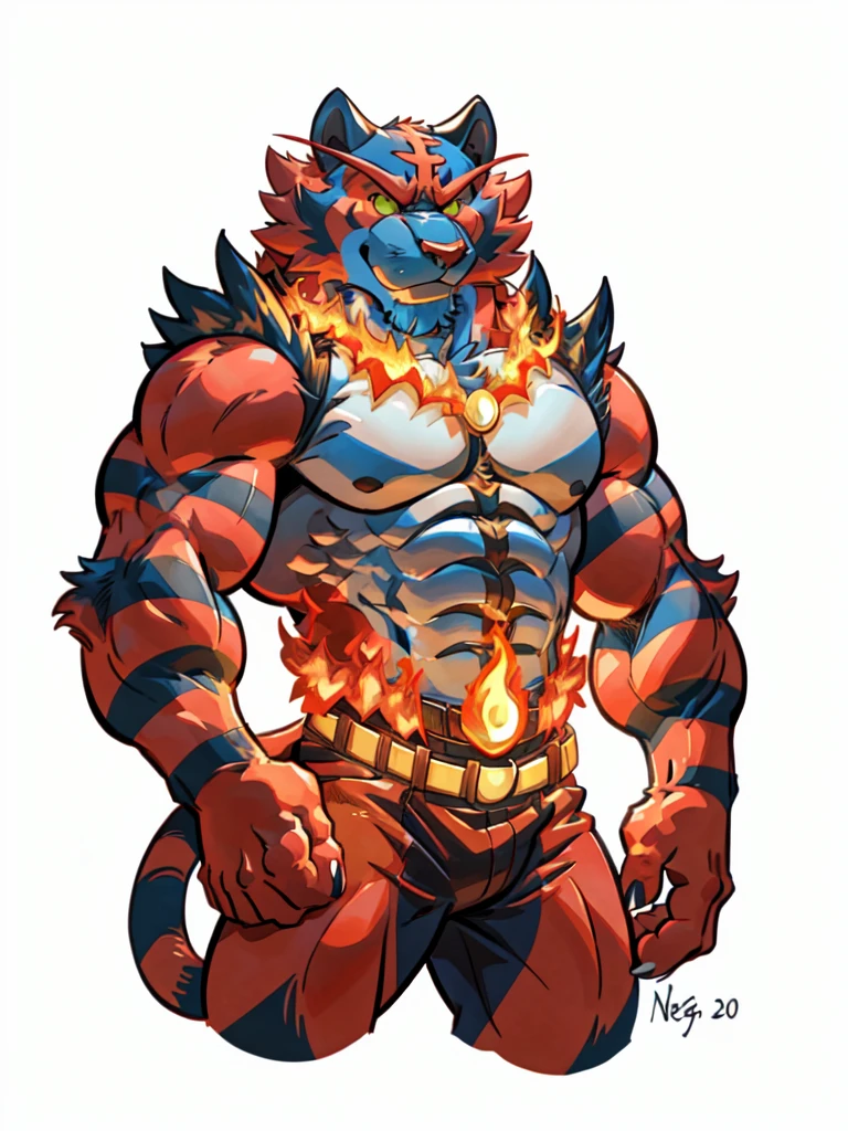 incineroar, 4k, high resolution, best quality, posted on e621, solo, male, adult, masculine, muscular, (white background, no background:1.1), (by wfa:1.0), (by negger:1.0), (detailed face, detailed eyes:1.1), (cel shaded:1.2), cartoony shading, cartoony proportions, half body, fire belt, comic color style