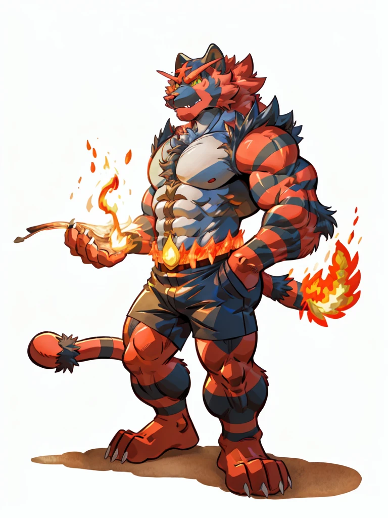 incineroar, 4k, high resolution, best quality, posted on e621, solo, male, adult, masculine, muscular, (white background, no background:1.1), (by wfa:1.0), (by negger:1.0), (detailed face, detailed eyes:1.1), (cel shaded:1.2), cartoony shading, cartoony proportions, half body, fire belt, comic color style