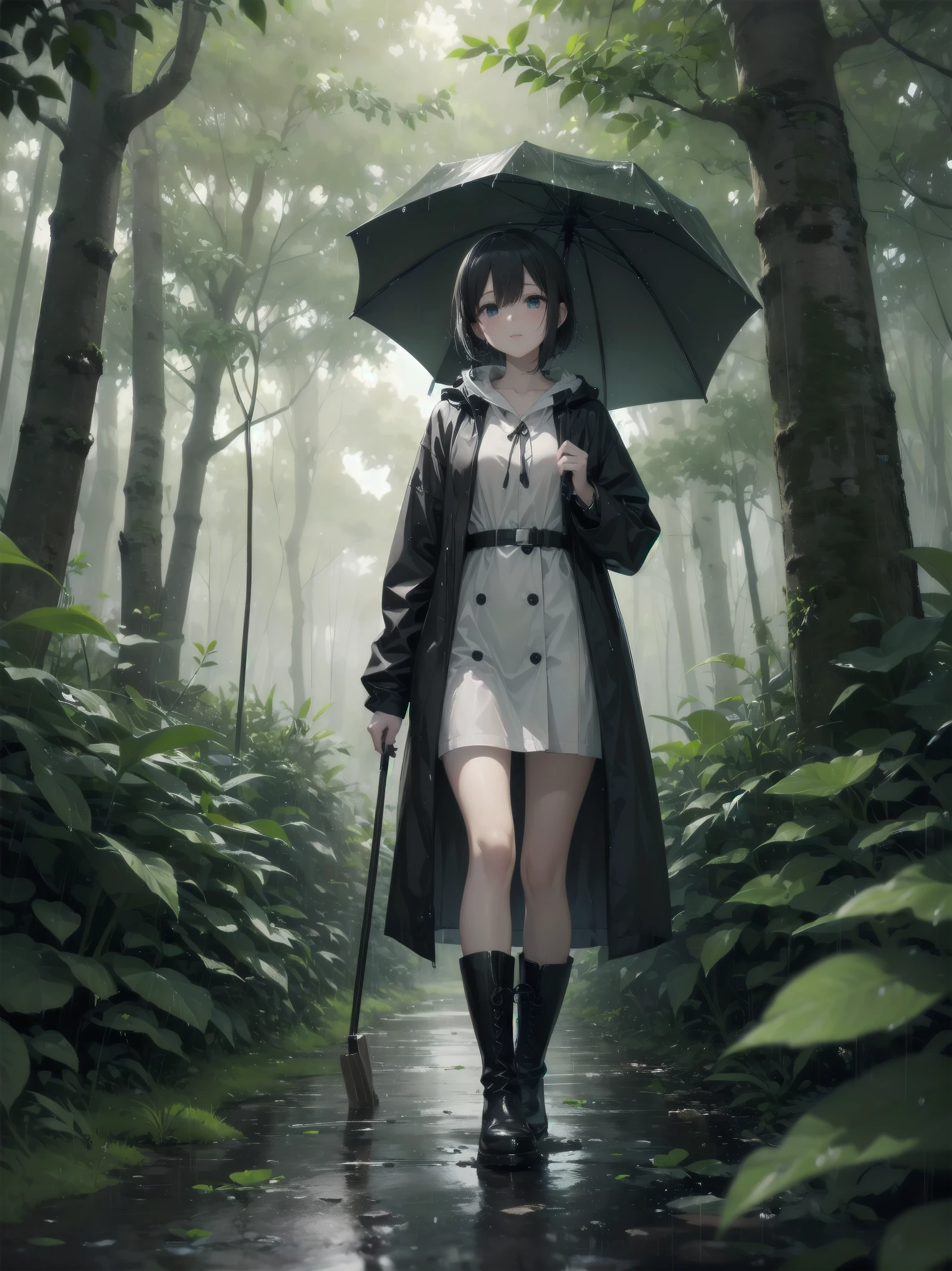 （Rain forest and woman、Raincoat、Boots、Walking in the woods）
In the rainy forest、Raincoatを着た女性がBootsを履き、Walking quietly。wood々The leaves are dripping with rain.、There is mud under her feet。Raincoatのフードが彼女の顔を守り、The sound of rain creates a pleasant rhythm。In her eyes, the green forest spreads、The tranquil beauty is soothing to the soul。
