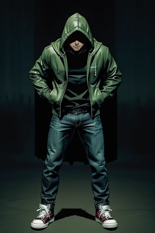 Man in hoodie Hooded and on top green Dark leather jacket on top and darkened face cap and jeans and converse sneakers Heroic Presence Serious and strong pose Standing Rolled-up sleeves 
