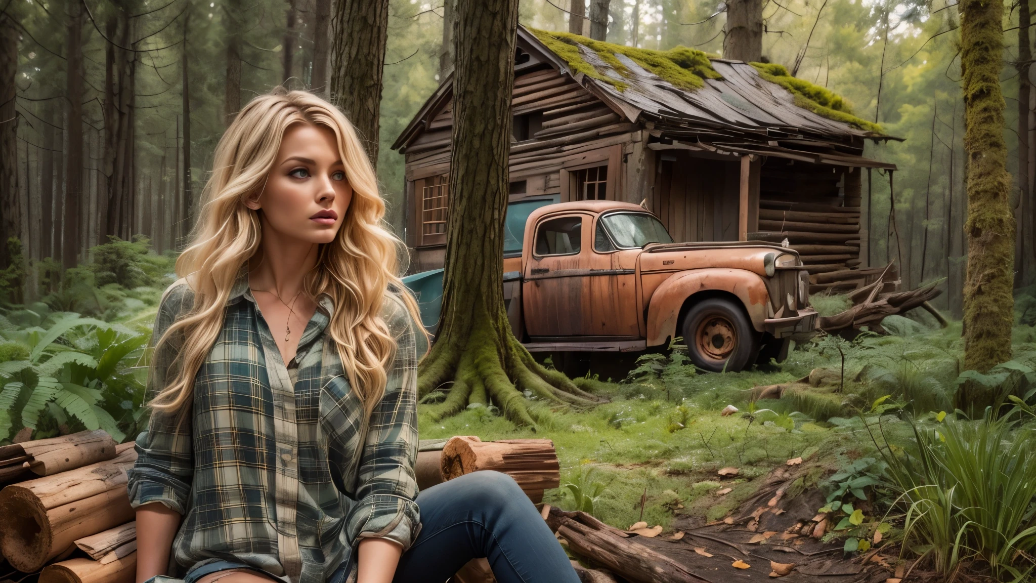 cabin in the woods, front porch, wood pile, rusty truck on cinderblocks, dense trees, dark woods, large oak trees, moss, Beautiful woman, plaid long-sleeved flannel shirt, long wavy blonde hair, 