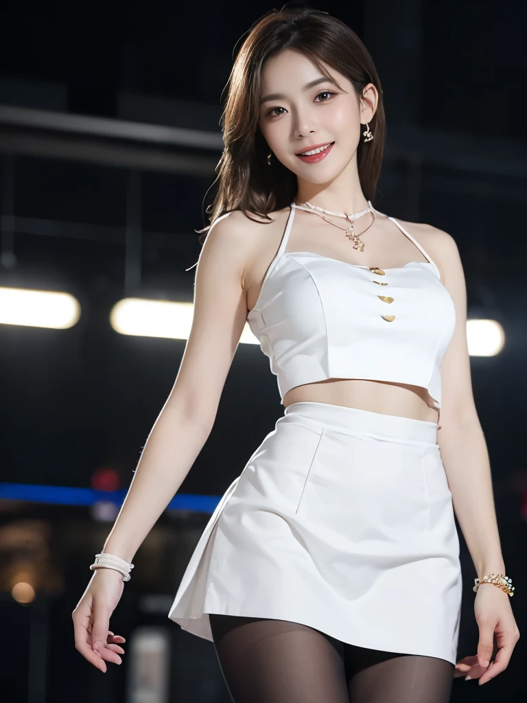 8K, masterpiece, Raw photo, Best Quality, Photorealistic, Highly detailed CG Unity 8K wallpaper, depth of fields, Cinematic Light, Lens Flare, Ray tracing, (Extremely beautiful face, Beautiful lips, Beautiful eyes), intricate detail face, ((Ultra detailed skin)) 1girl in, In the Dark, deepshadow, Pretty Korean girl, Kpop Idol, 1 girl, (Very slim and slender fit muscular body:1.3), ((Looking at Viewer)),(Big smile:1.3), (Midnight, a dark night, (Neon sign), (Blurred background), Dim light), (No people in the background:1.3), Beautiful earrings, Bracelets, Necklace, pantyhose, Clear eyes, Walking , Front shot, (pale skin), (Big eyes), Face forward, (Full body shot), (Brown hairs), open navel, (Looking at Viewer:1.3), Very slim, medium breasts, (Camel toe), thick thighs, turn back, (fluttering mini dress), ((White Collar Dresses)), (Tight skirt), ((front shot)), Ultra mini skirt,