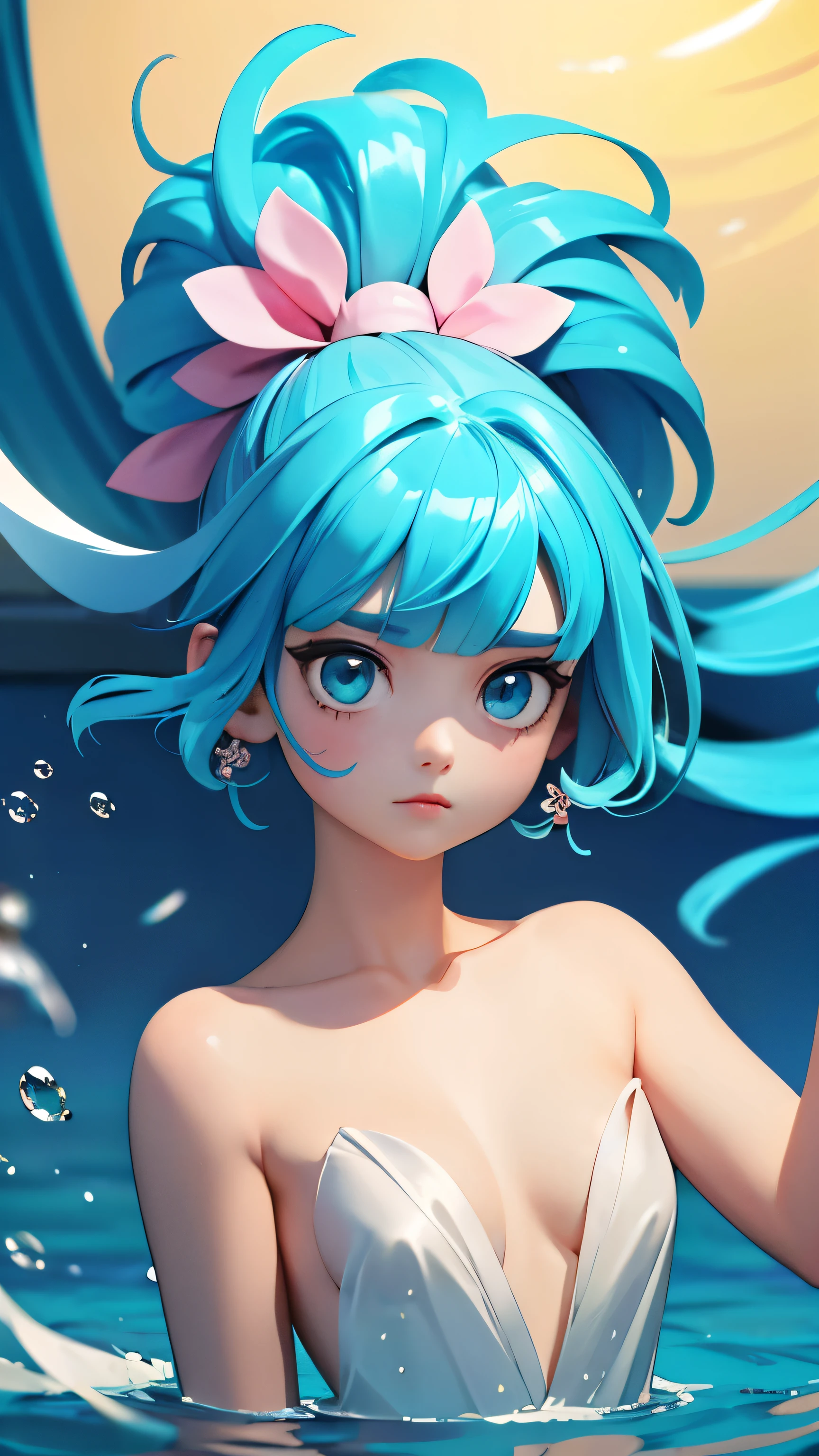 (masterpiece), (highest quality), (Super detailed), (Disheveled Hair), (figure), (One Girl),Small Bust,, (Fashionable clothes), Are standing, Fashion Model, Beholder, (interview), (Simple Background), Beautiful and beautiful eyes, Delicate and beautiful face, floating, (High chroma), (Colorful Splash), Colorful Bubbles, (Shine), Focus on the face, ponytail, Light blue hair, bangs, Hair Ring, floating Flowers, floating Hairs, (The Shining), Best lighting, Best Shadow,Completely naked,topless,