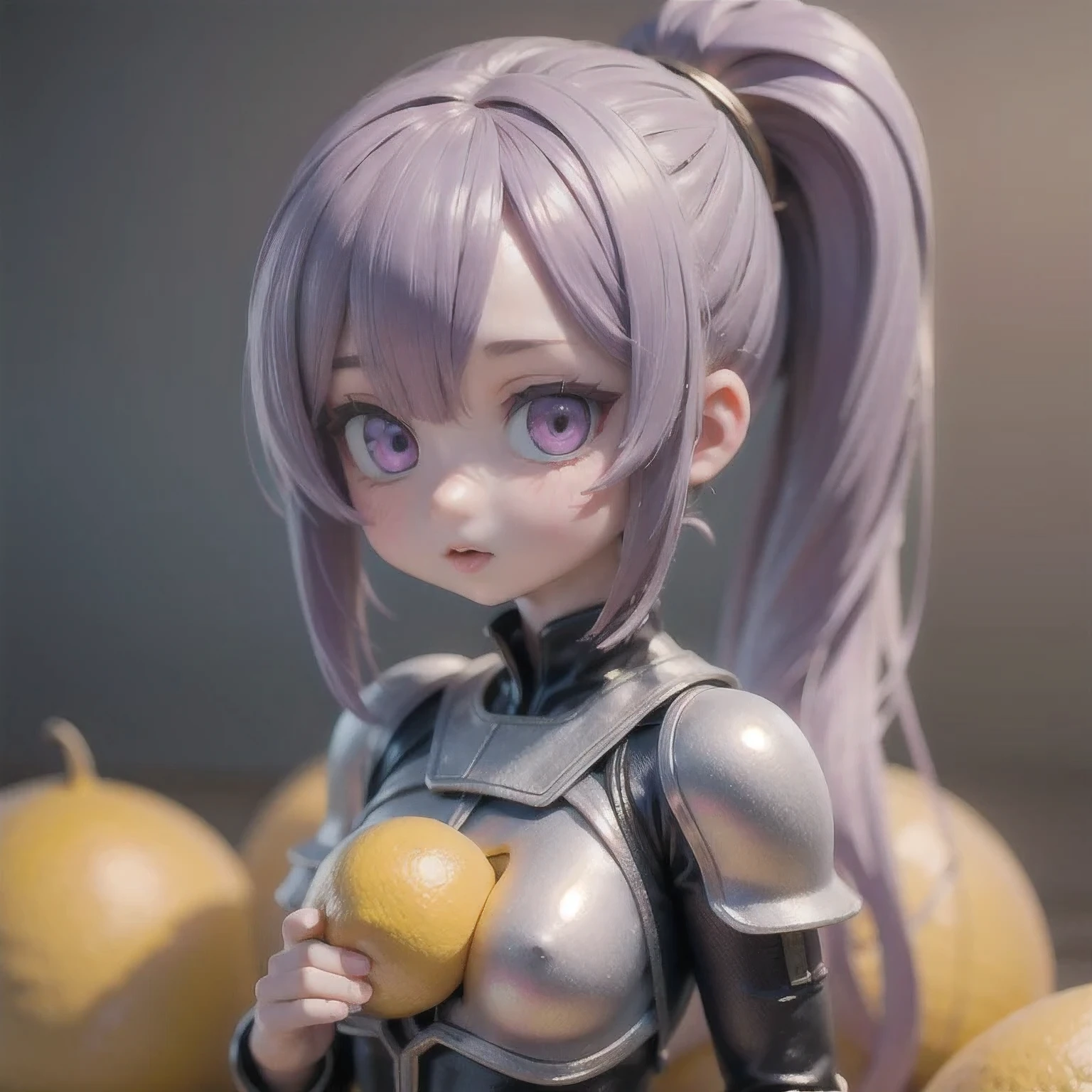 arafed (((one girl Lemon Eating ))) in shiny shirt with ponytail and ponytail in front of purple wall, a cartoon girl with a purple hair and a white top, advanced digital chibi art, Chibi Monster Girl Lemon Eating Challenge Failed , character art of maple story, chibi, kda, chibi art, official character art, maplestory mouse, hero 2 d fanart artsation, portrait of jinx from arcane, , maple story gun girl, cute cyber gods, chibi girl, official artwork,portrait sophie mudd, girl silver ponytail hair, alexandra fomina, wearing shiny breastplate, wearing futuristic, wearing leotard, metallic torso, wearing futuristic clothing, julia gorokhova, chrome bodysuit, soft portrait shot 8 k, cyborg fashion model
