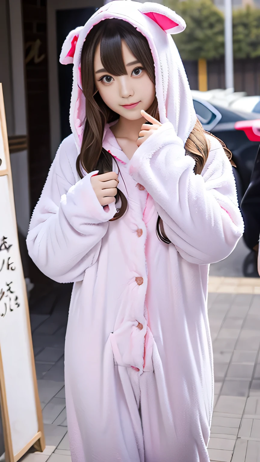 Kigurumi Costume Pajamas、Sexy Big 、A cute 15-year-old girl with a sexy and cute look, beautiful and sexy face、A strong wind blows my hair in front of my face、With straight blonde hair、beautiful, Cute and sexy eyes hidden behind long bangs、Costume pajamas