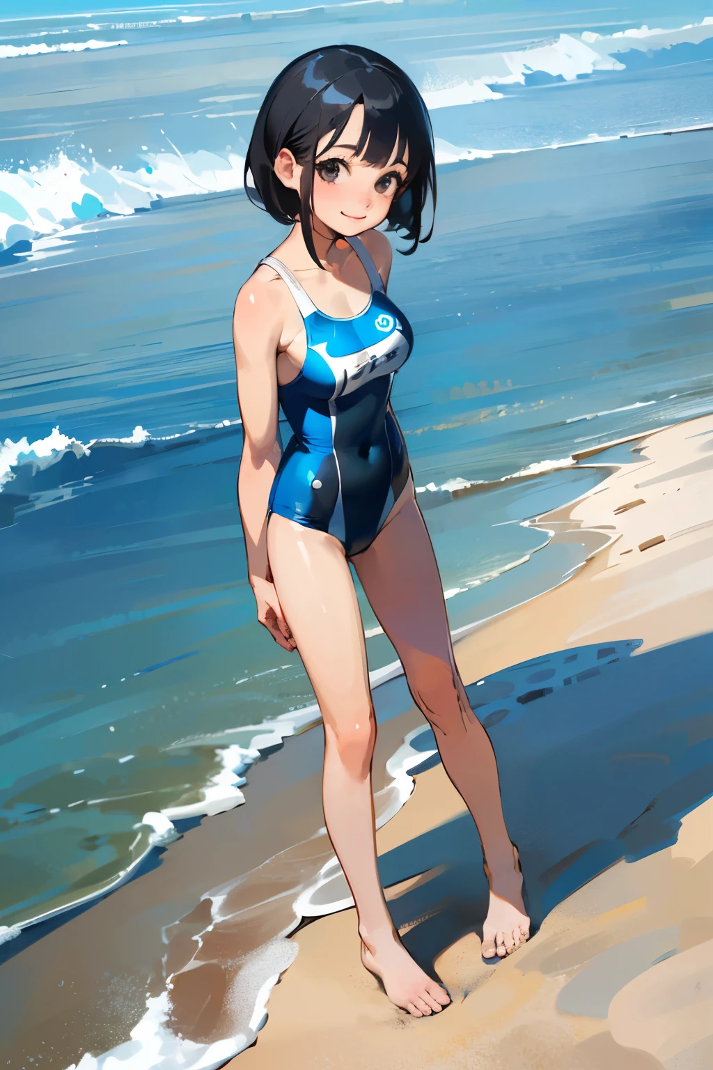 (high quality, High resolution, Very detailed, reality:1.37), Peaceful atmosphere, (Sandy Beach), age girl standing alone, (my breasts are big.), Beautiful details, Cute Smile, (Black bob hair), One piece swimsuit, barefoot.