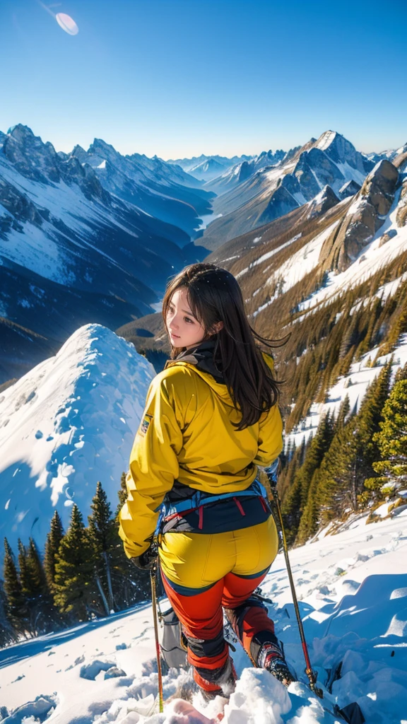 highest quality, masterpiece, Highly detailed background, (((Majestic Mountain々Back view of a girl climbing a hill, -yeld gi Small Ass))), (((Winter mountaineer style clothing))), A person stretching out in the sunlight shining in from the mountaintop, Beautiful landscape in earth tones, A Hopeful Outlook, Expressions that give viewers a gentle feeling, Focus on the landscape、Make portrait smaller..