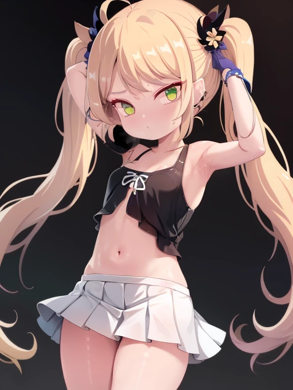 masterpiece, best quality, 1girl, soli, long hair, tank top, short skirt, blond hair, detail body, armpits, seductive pose, 3D, twintails, blond hair, green eyes, , mesugake, midriff
