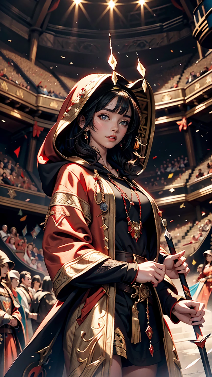 Lily Collins with curly black hair and a red hoodie, Medieval costume, Bow and arrow in hand, The illustrations showing the arena filled with spectators and fans are detailed., Smooth and bright, HD Art by Citemer Liu