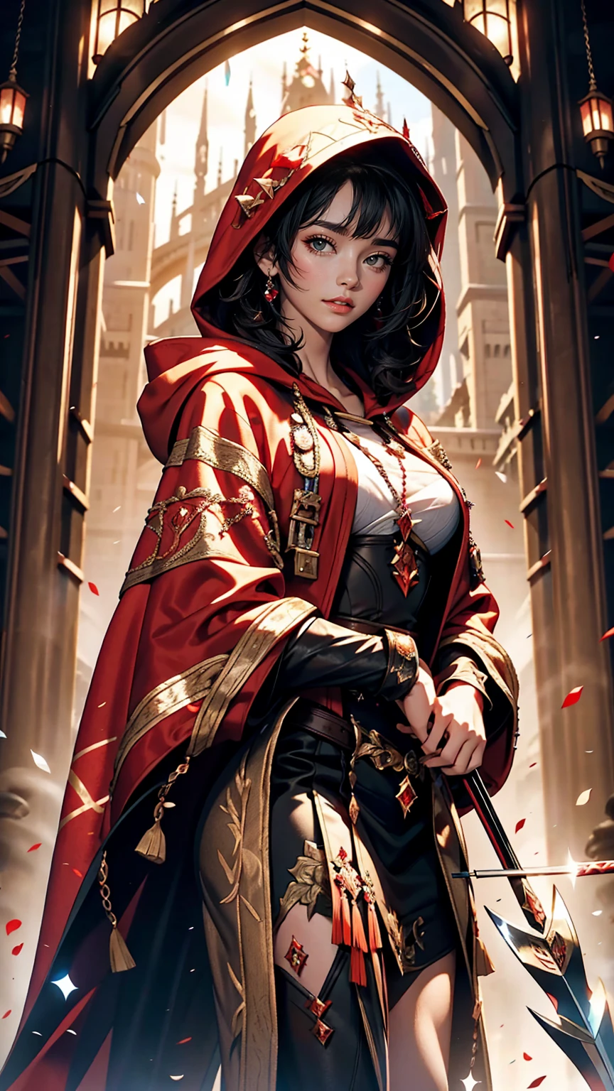 Lily Collins with curly black hair and a red hoodie, Medieval costume, Bow and arrow in hand, The illustrations showing the arena filled with spectators and fans are detailed., Smooth and bright, HD Art by Citemer Liu