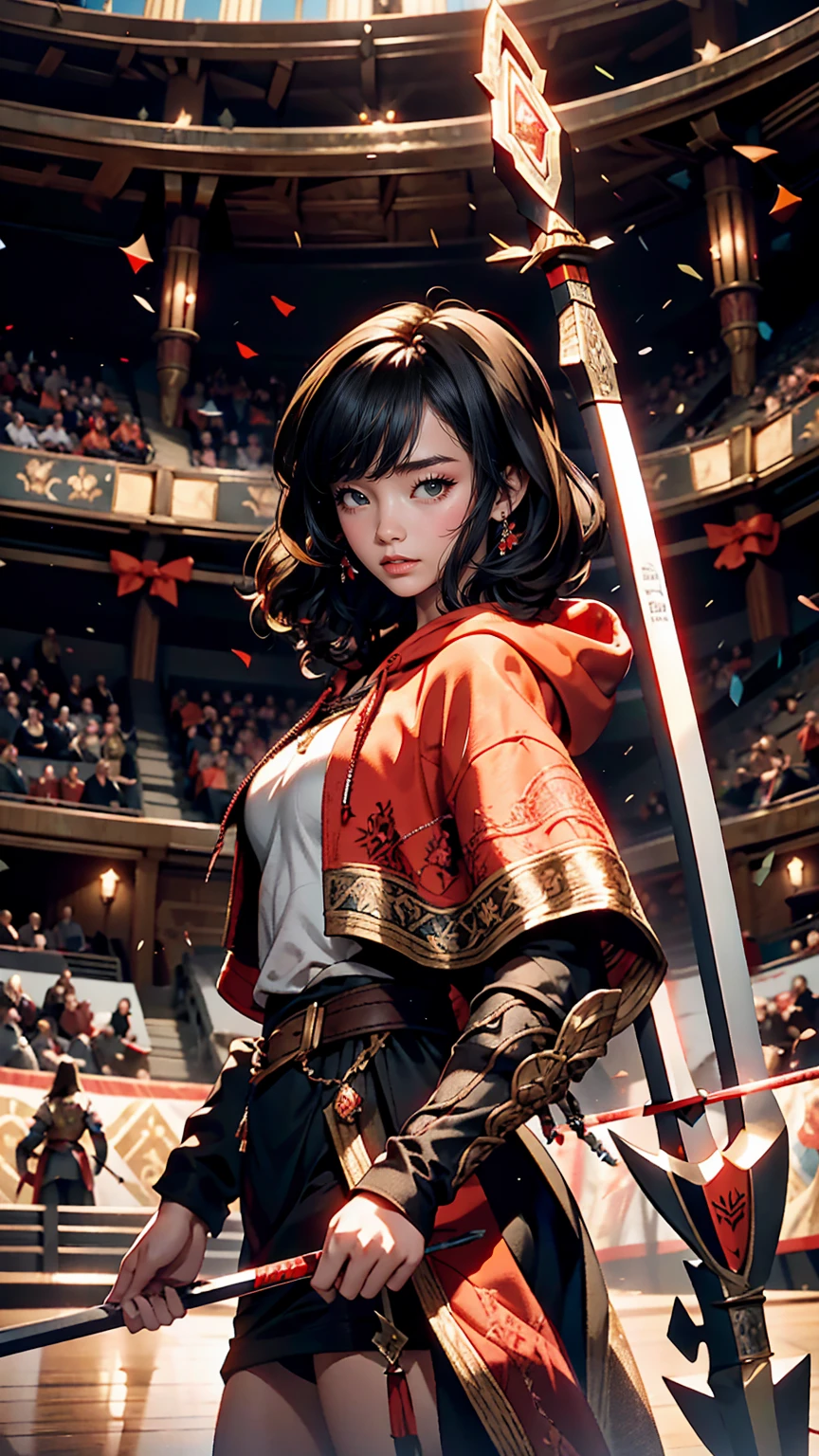 Lily Collins with curly black hair and a red hoodie, Medieval costume, Bow and arrow in hand, The illustrations showing the arena filled with spectators and fans are detailed., Smooth and bright, HD Art by Citemer Liu