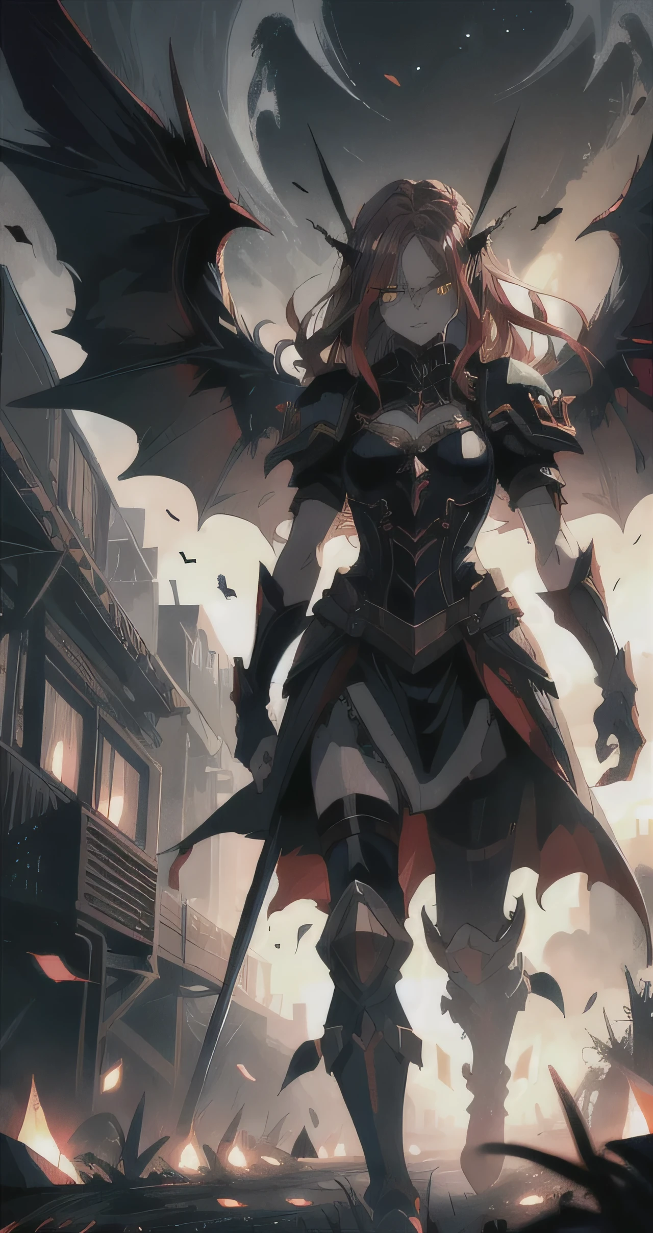 a vampire with bright glowing eyes walking on dead bodies in an apocalyptic Armageddon landscape, yellow moon, angel wings, war, beasts, soldiers, detailed face, portrait, cinematic lighting, colorful color palette, dark moody atmosphere, highly detailed, 8k, , dramatic, red glowing eyes, red glowing hair, ultra long hair
