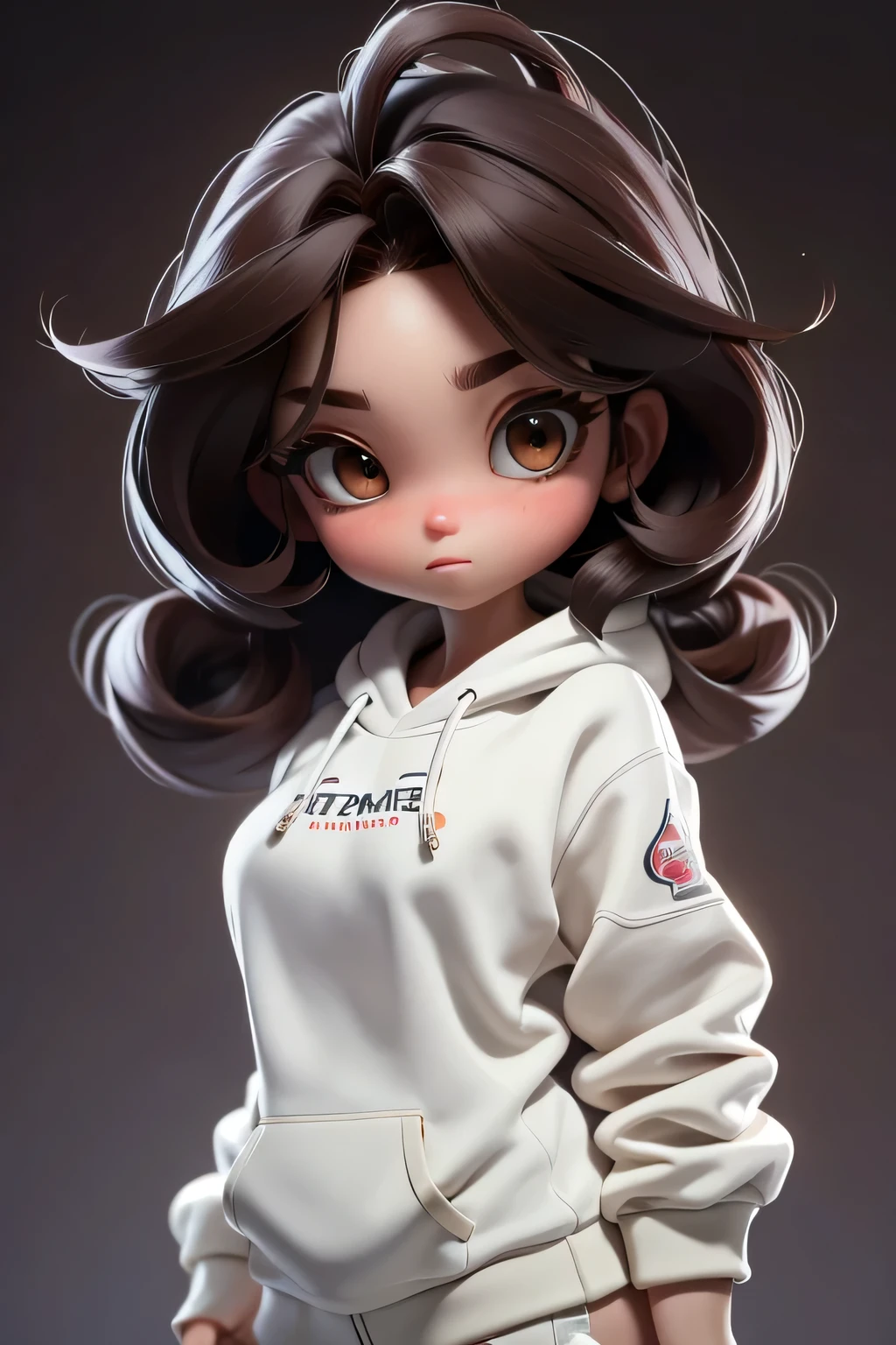 Masterpiece, Best quality, 8K, Cinematic light, Ultra-high resolution, tchibi, 1girll,full bodyesbian, long bob hair, dark brown hair,boxer,white sweatshirt