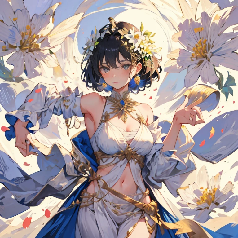 A girl covered in a petal spiral, make the pose dynamic and the composition dynamic, put jewellry and a lot of flowers