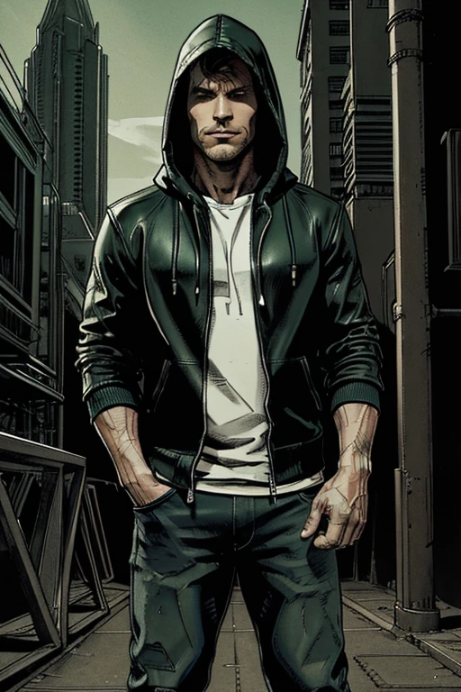 Man in hoodie Hooded and on top green Dark leather jacket on top and darkened face cap and jeans and converse sneakers Heroic Presence Serious and strong pose Standing Rolled-up sleeves 