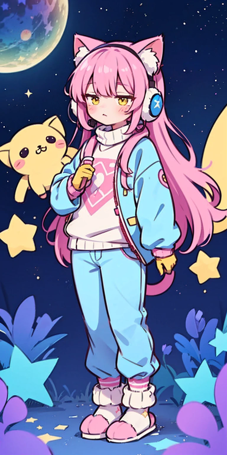 cat girl, solo, gloves, fluffy clothes, pants, sweater, sleeves, socks, slippers, pastel colors, (purple, blue, pink, yellow), cozy, dreamy, stars, stickers, bubbles, glitter, sparkles, plushies, headphones