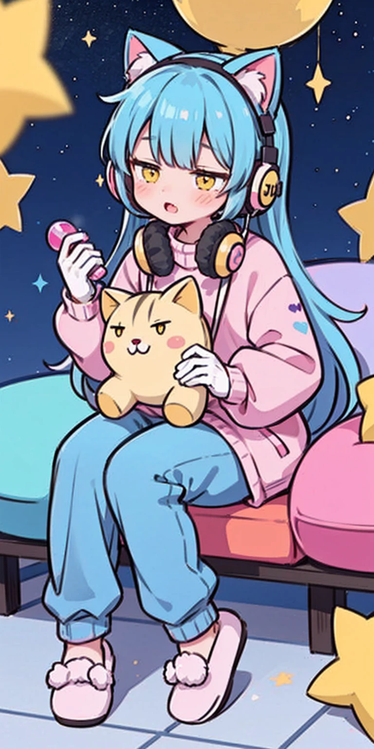 cat girl, solo, gloves, fluffy clothes, pants, sweater, sleeves, socks, slippers, pastel colors, (purple, blue, pink, yellow), cozy, dreamy, stars, stickers, bubbles, glitter, sparkles, plushies, headphones