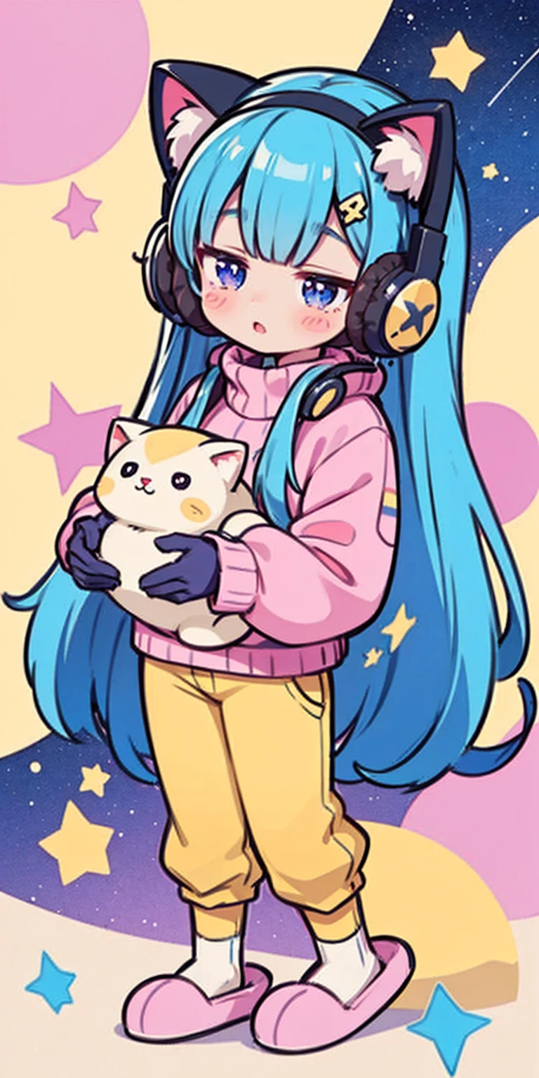 cat girl, solo, gloves, fluffy clothes, pants, sweater, sleeves, socks, slippers, pastel colors, (purple, blue, pink, yellow), cozy, dreamy, stars, stickers, bubbles, glitter, sparkles, plushies, headphones