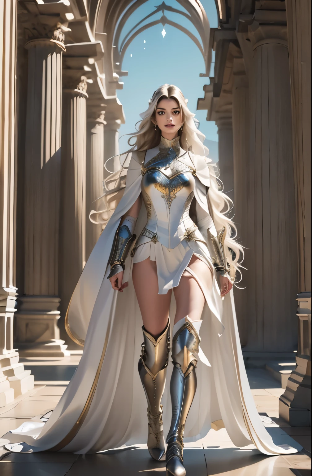 ((Anne Hathaway)), ((Anne Hathaway in ornate white heavy armor)), award winning concept art of tall (1girl) in master crafted intricate plate armor, royal, elegant, ((facing camera)), look at camera, eye contact, high long ponytail, dramatic long flowing white hair, (((exaggerated flowing white hair))), model on runway, epic, god rays, centered, (masterpiece:1.2), (best quality:1.2), Amazing, highly detailed, beautiful, finely detail, warm soft color grading, Depth of field, extremely detailed 8k, fine art, stunning, iridescent, shiny, light reflections, crisp, curls, wind, outdoor palace, elegant frontal pose, hyper realism, vibrant, sunlit, edge detection, (white elegant miniskirt), thigh high boots, knees, ((long exaggerated flowing wide white cape)), no panties, (((full body shot))), standing