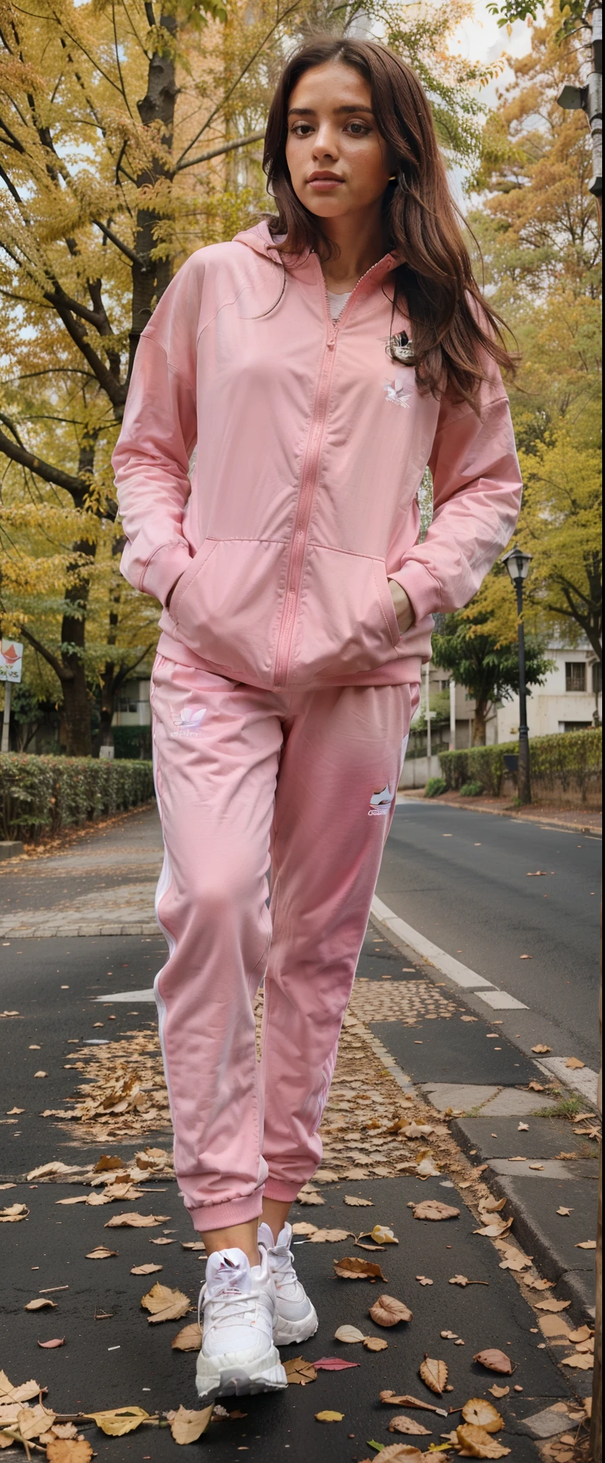 Uma mulher linda, extremamente realista, usando um conjunto rosa, Adidas, blusa Adidas, calca Adidas, tenis Adidas, cabelo cacheado, bunda grande, pernas grossas, fitness, foto clara, cabelo preto,