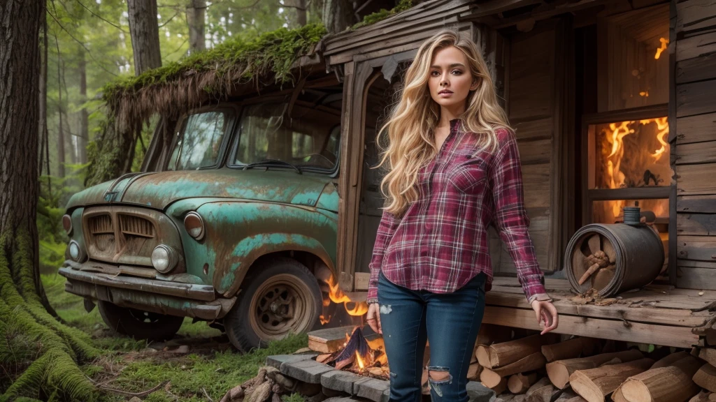 cabin in the woods, front porch, wood pile, rusty truck on cinderblocks, woodburning stove, dense trees, dark woods, large oak trees, moss, Beautiful woman, plaid long-sleeved flannel shirt, long wavy blonde hair,