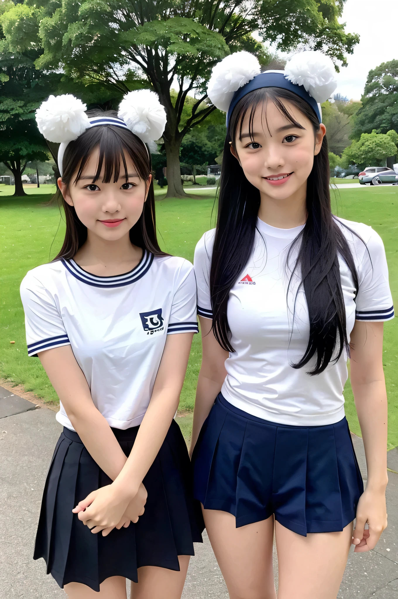 Two girls standing in the park,Plain white school gym shirt with navy blue trim,Navy blue speed briefs,Red headband,White headband,18-year-old,bangs,A little smile,Thighs,knees,Straight hair with barrette,From below,Front light