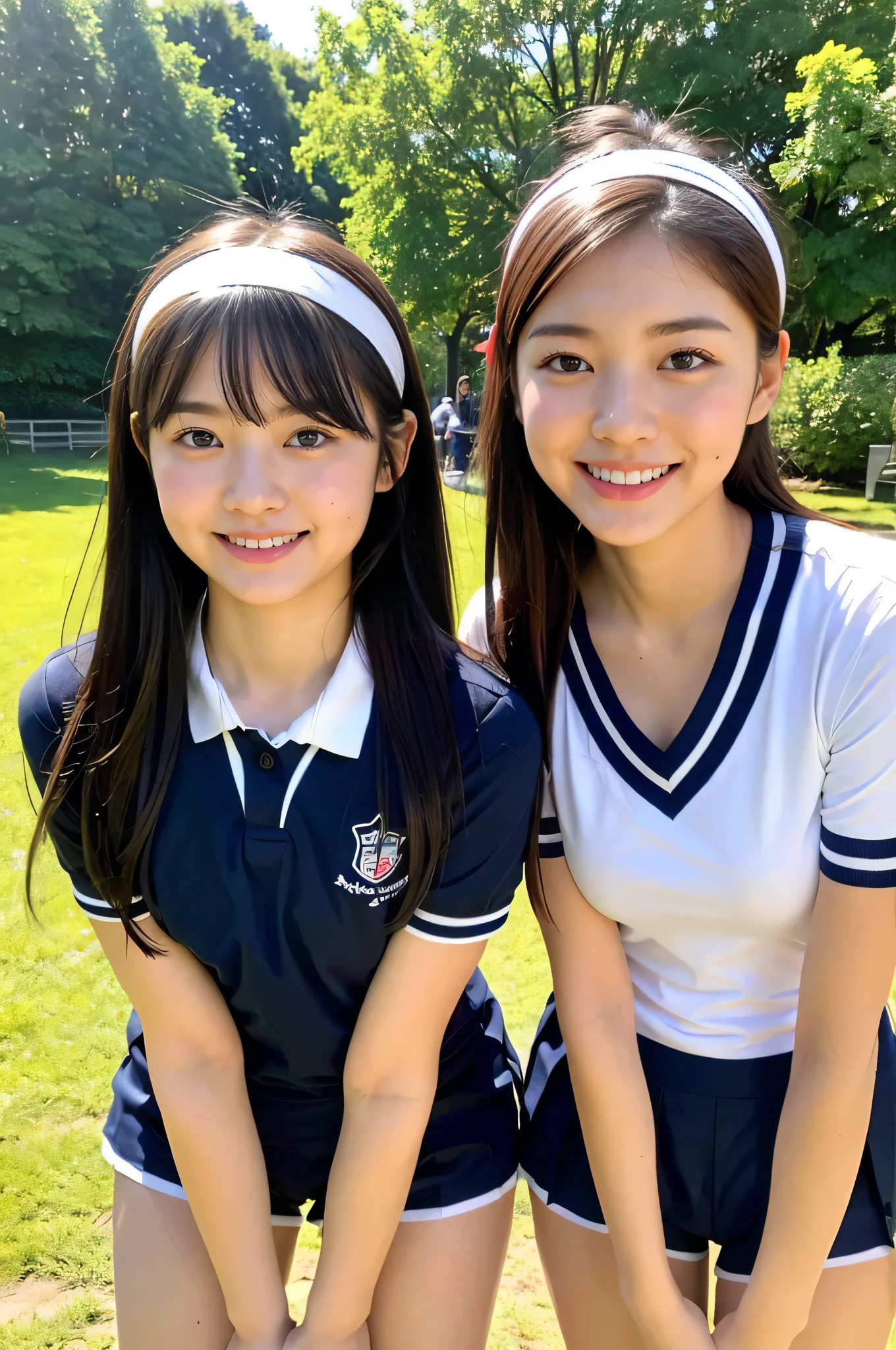 Two girls standing in the park,Plain white school gym shirt with navy blue trim,Navy blue speed briefs,Red headband,White headband,18-year-old,bangs,A little smile,Thighs,knees,Straight hair with barrette,From below,Front light