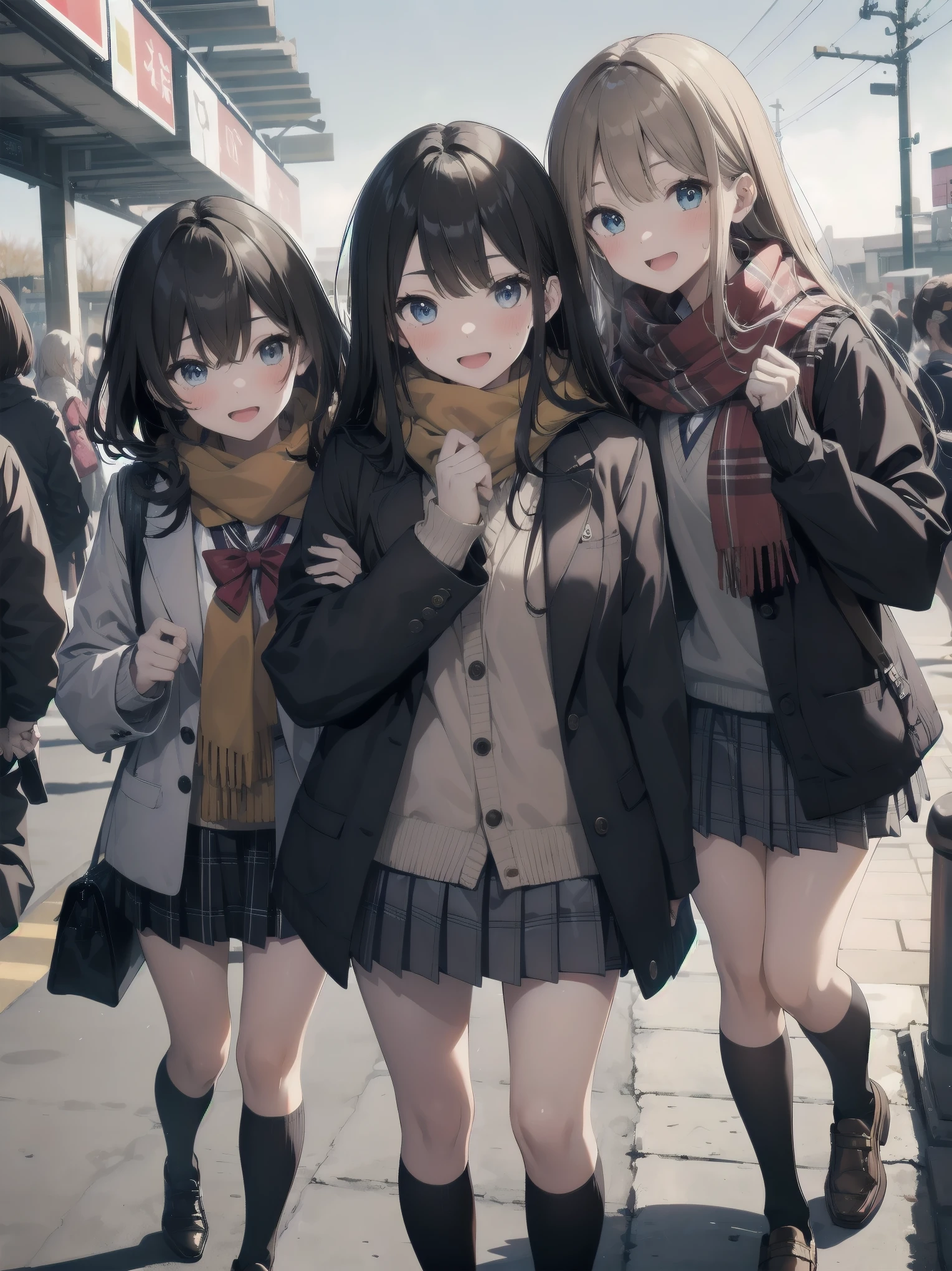 long hair, looking at viewer, blush, smile, open mouth, bangs, blue eyes, multiple girls, skirt, brown hair, shirt, black hair, long sleeves, bow, brown eyes, very long hair, , standing, jacket, white shirt, :d, sweat, pleated skirt, outdoors, open clothes, shoes, day, socks, striped, collared shirt, hand up, 3girls, bag, scarf, red bow, open jacket, black jacket, v-shaped eyebrows, sleeves past wrists, parted bangs, plaid, kneehighs, nose blush, plaid skirt, brown footwear, flying sweatdrops, blazer, cardigan, loafers, grey skirt, school bag, striped bow, diagonal stripes, train station