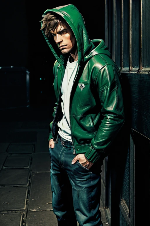 Man in hoodie Hooded and on top green Dark leather jacket on top and darkened face cap and jeans and converse sneakers Heroic Presence Serious and strong pose Standing Rolled-up sleeves
