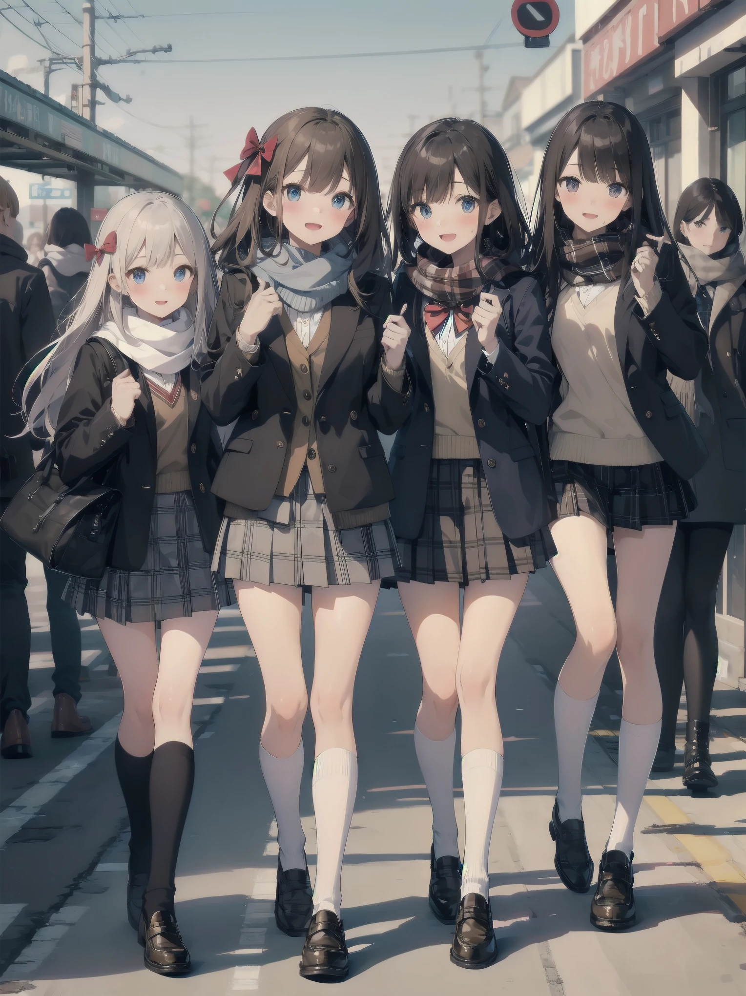 long hair, looking at viewer, blush, smile, open mouth, bangs, blue eyes, multiple girls, skirt, brown hair, shirt, black hair, long sleeves, bow, brown eyes, very long hair, , standing, jacket, white shirt, :d, sweat, pleated skirt, outdoors, open clothes, shoes, day, socks, striped, collared shirt, hand up, 3girls, bag, scarf, red bow, open jacket, black jacket, v-shaped eyebrows, sleeves past wrists, parted bangs, plaid, kneehighs, nose blush, plaid skirt, brown footwear, flying sweatdrops, blazer, cardigan, loafers, grey skirt, school bag, striped bow, diagonal stripes, train station