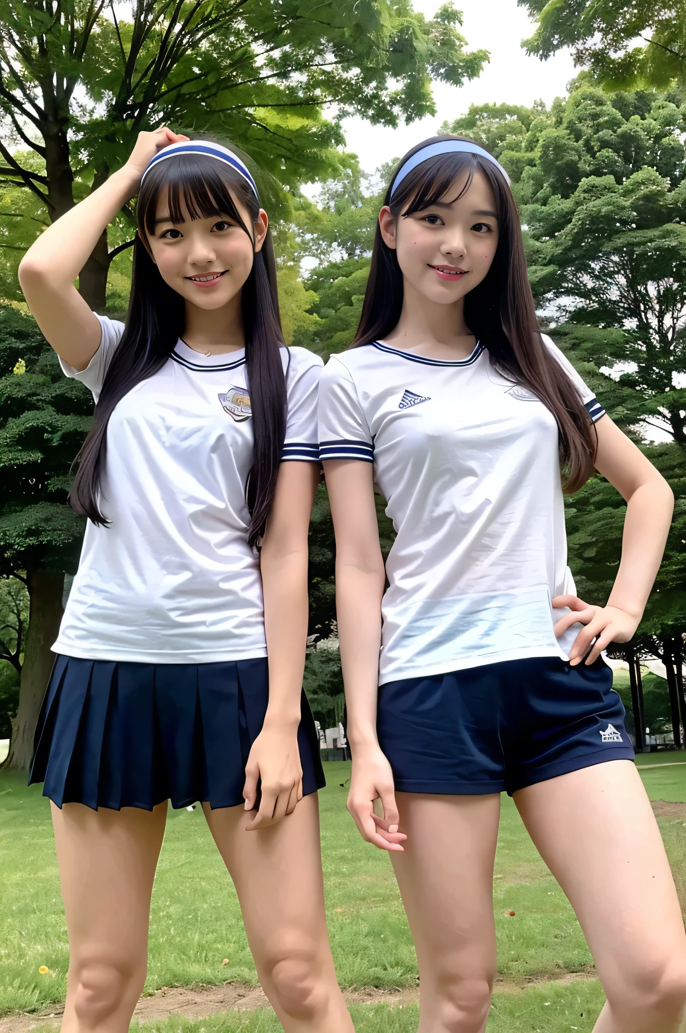 Two girls standing in the park,Plain white school gym shirt with navy blue trim,Navy blue speed briefs,Red headband,White headband,18-year-old,bangs,A little smile,Thighs,knees,Straight hair with barrette,From below,Front light