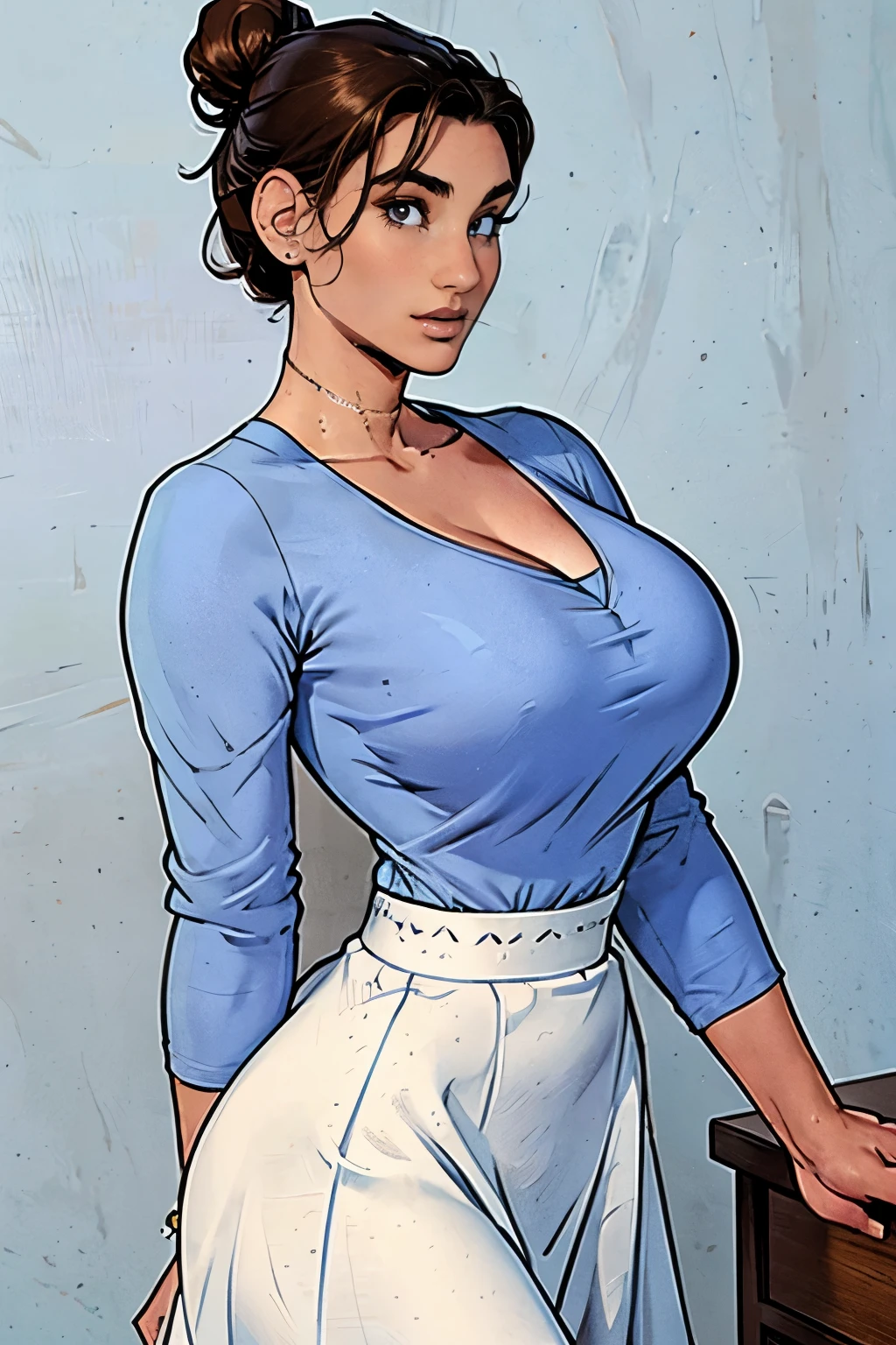 Gorgeous and sultry busty athletic (happy) brunette with sharp facial features, athletic bun, large breasts and a (large nose) wearing a loose light blue top, low-cut wide neck, loose sleeves, white skirt