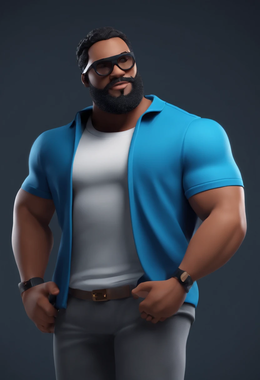 Cartoon character of a man with black glasses and a blue shirt, animation character, Caractere estilizado, animation style rendering, 3D estilizado, mulatto man gym clothes with beard cap strong chubby