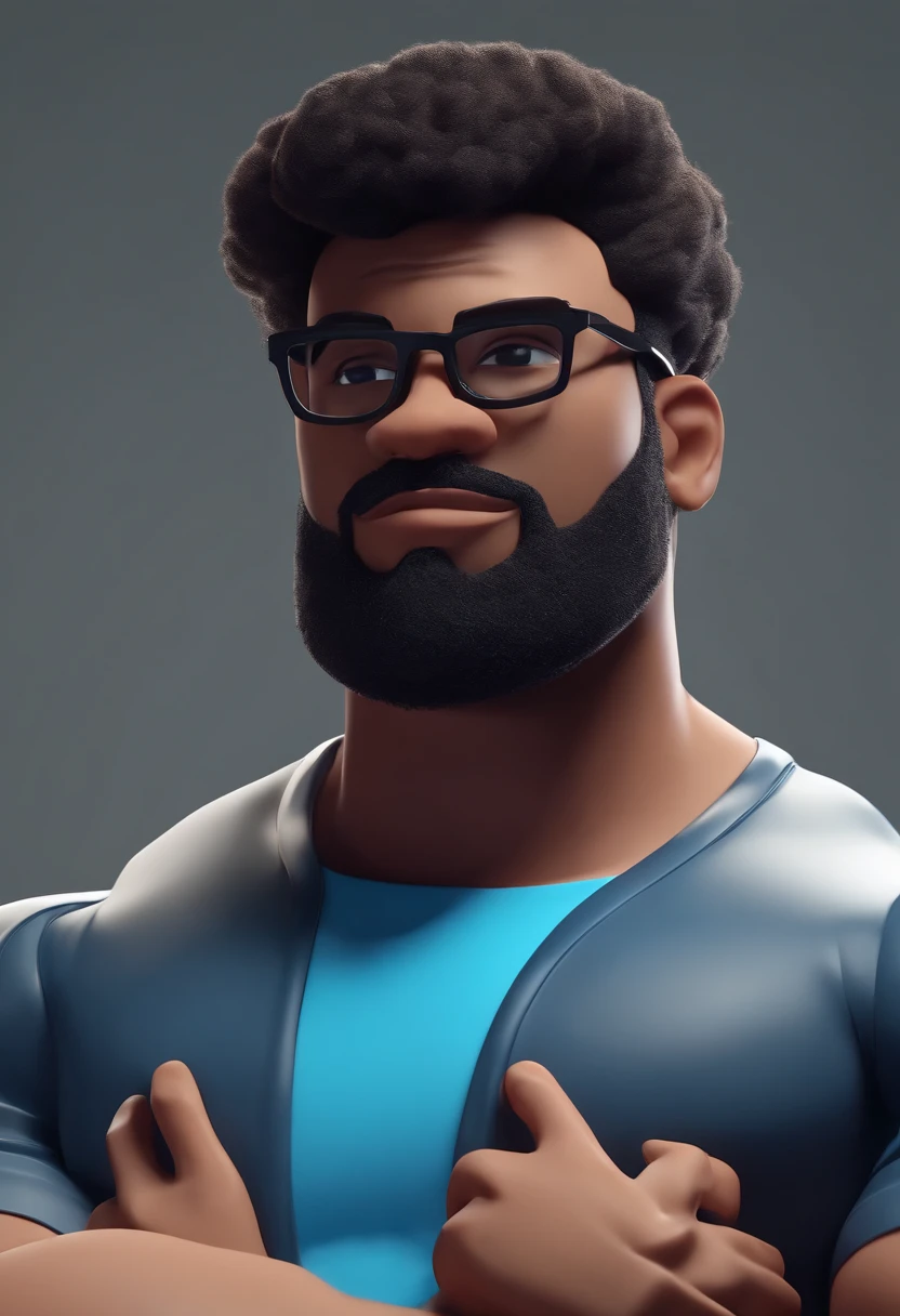 Cartoon character of a man with black glasses and a blue shirt, animation character, Caractere estilizado, animation style rendering, 3D estilizado, mulatto man gym clothes with beard cap strong chubby