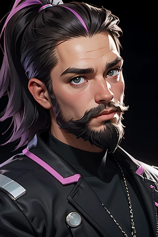 Personagem meio de lado, macho, garoto, 17 anos, medium beard, cabelo castanho ruivo, olhos verdes, cabelo longo, calm. wise, fundo com grafite roxo neon, utopian city, surrealismo, minimalismo, Expressionismo, Estilo anime, sombra projetada, film grain, Vinheta, silhueta, 1080P, Anatomicamente correto