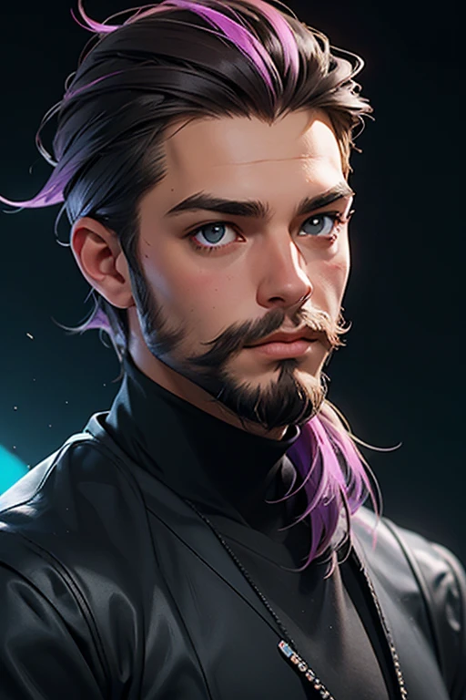 Personagem meio de lado, macho, garoto, 17 anos, medium beard, cabelo castanho ruivo, olhos verdes, cabelo longo, calm. wise, fundo com grafite roxo neon, utopian city, surrealismo, minimalismo, Expressionismo, Estilo anime, sombra projetada, film grain, Vinheta, silhueta, 1080P, Anatomicamente correto
