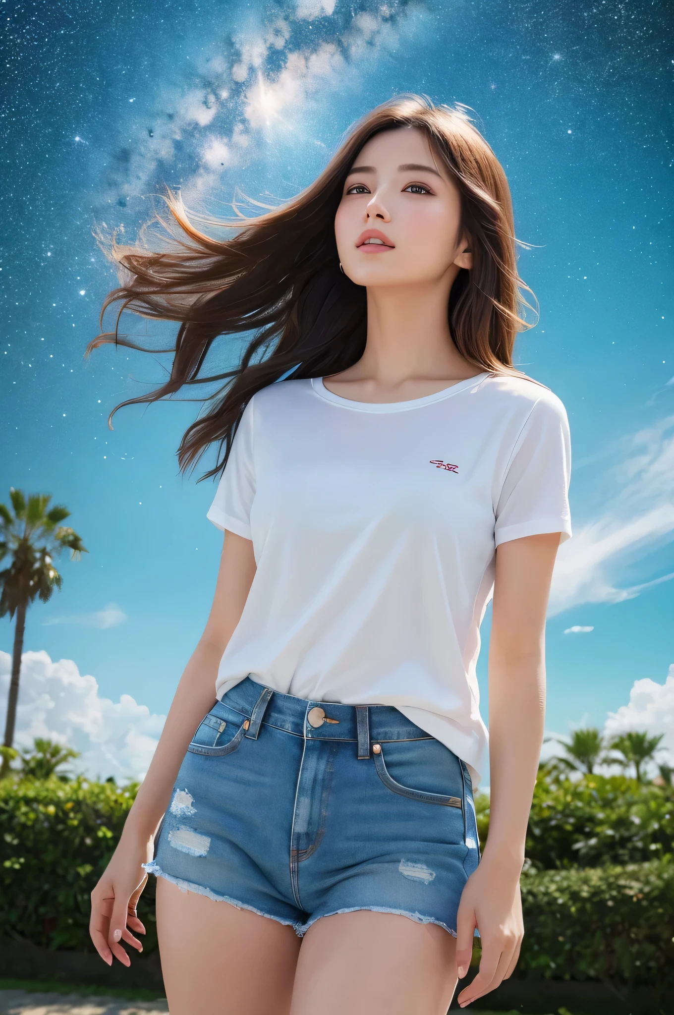 (RAW Photos, highest quality), (Realistic, photo-Realistic:1.3),highest quality,Very detailed,masterpiece,Super detailed,figure,One girl,upper_body,Dynamic Angle,world masterpiece theater,Messy_length_hair,highest quality,Very detailed CG Unity 8k wallpaper,ink,wonderful,Cinema Lighting,lens_Flare, Dunhuang_style、Full Body、Hyper-realistic image of a person wearing a plain t-shirt and denim shorts, Super detailedなキャラクター, Beautiful Woman T-shirt Girl,Flawless, smooth skin,Eyes that sparkle like the Milky Way,Full Body,The Japan beautiful girl of the world、Looking up、Shui Shui Yun 8K,Multi-exposure Image of a clear tropical sky Slightly moist skin and clothes