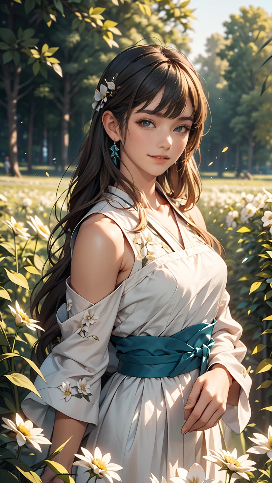 masterpiece, highest quality, Ultra-high resolution, detailed illustration, Portraiture, detailed, A girl standing in a wheat field, alone, Long Hair, dress, flower, White Hanfu, smile, whole body, white flower, Exposing shoulders, very Long Hair, Aqua Hair, Mouth closed, In-person audience, bangs,Ahegao