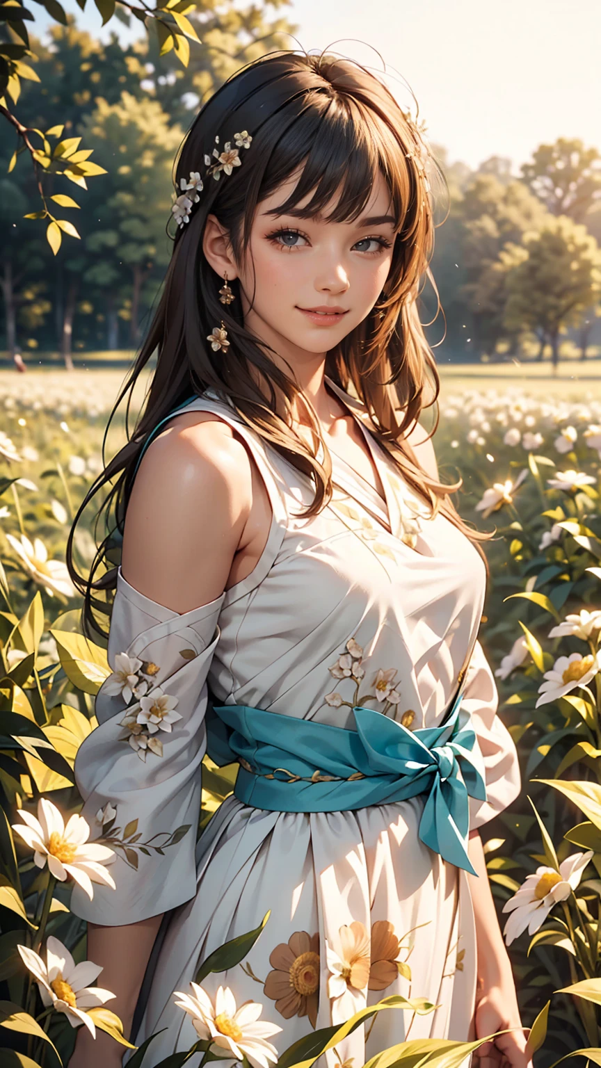 masterpiece, highest quality, Ultra-high resolution, detailed illustration, Portraiture, detailed, A girl standing in a wheat field, alone, Long Hair, dress, flower, White Hanfu, smile, whole body, white flower, Exposing shoulders, very Long Hair, Aqua Hair, Mouth closed, In-person audience, bangs,Ahegao