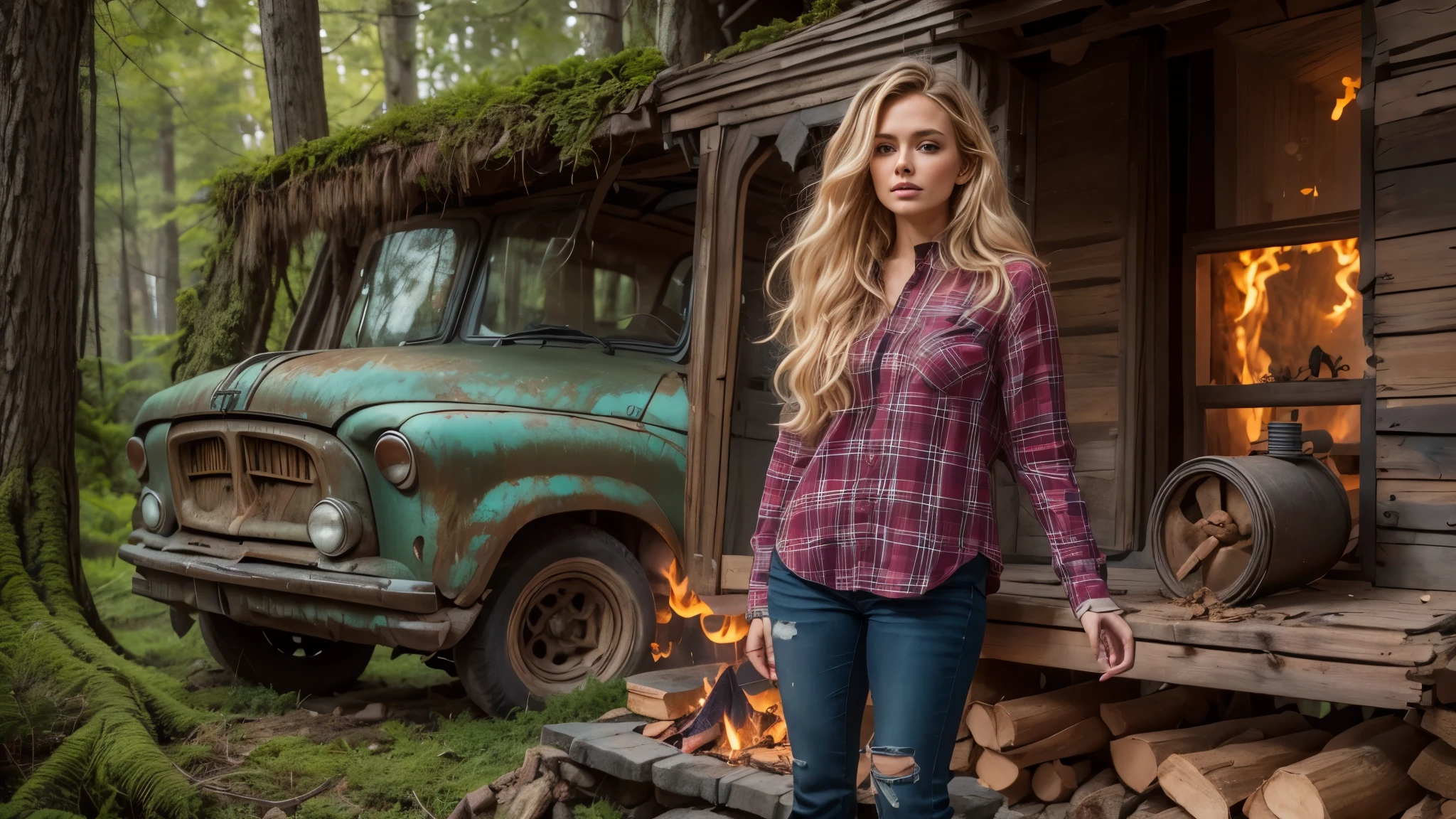 cabin in the woods, front porch, wood pile, rusty truck on cinderblocks, woodburning stove, dense trees, dark woods, large oak trees, moss, Beautiful woman, plaid long-sleeved flannel shirt, long wavy blonde hair,