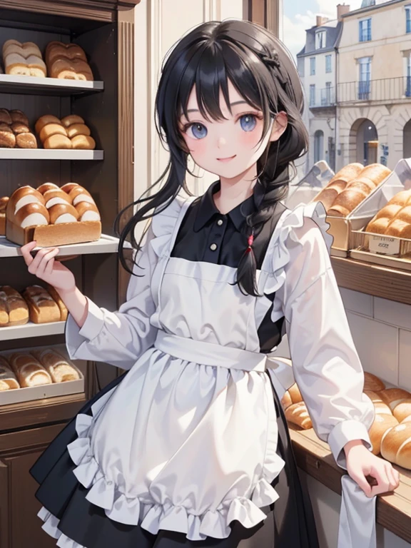 masterpiece, highest quality, Very detailed, 16k, Ultra-high resolution, 12-year-old girl, Detailed face, smile, black eye, Black Hair, Braid, White apron, France, bakery, Inside the store, There are countless breads around, Carrying bread with both hands