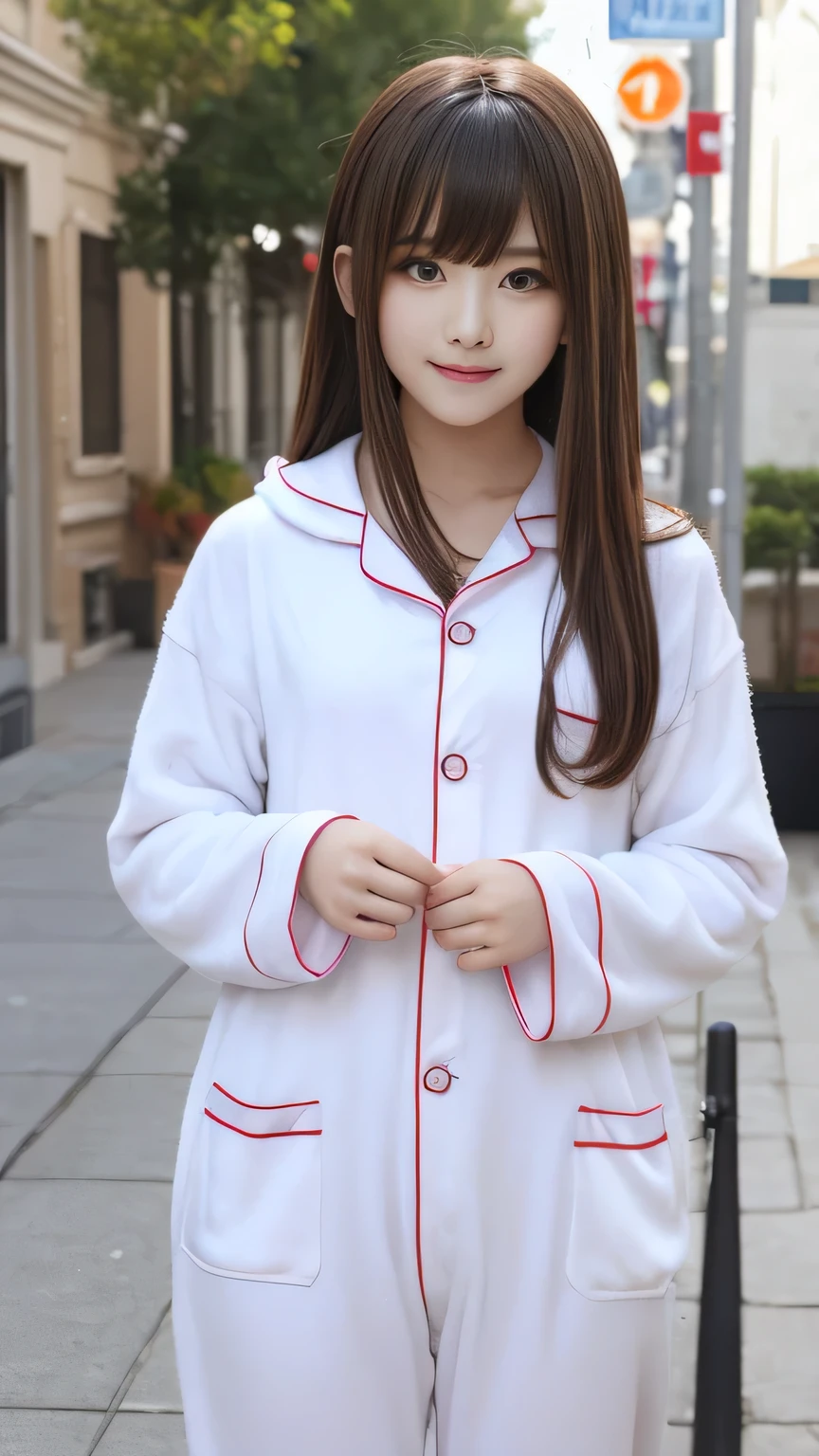 Kigurumi Costume Pajamas、Sexy Big 、A cute with a sexy and cute look, beautiful and sexy face、A strong wind blows my hair in front of my face、With straight blonde hair、beautiful, Cute and sexy eyes hidden behind long bangs、Costume pajamas