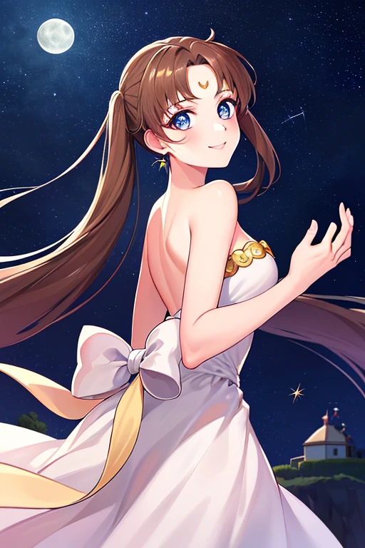 ((best quality)), ((highly detailed)), masterpiece, absurdres, (detailed eyes, deep eyes), (1girl), dynamic pose,  long dark brown hair (to her back), smiling, Princess_white_strapless_dress_huge_back_bow_Golden_crescent_forehead_mark, (at a floating island, midnight, night sky, stars, moonlight, shooting star)