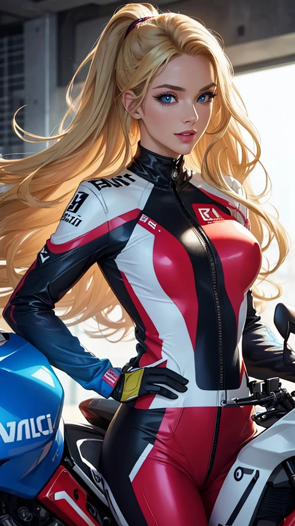 (best quality,ultra-detailed,photo-realistic:1.37),bright and vibrant colors,studio lighting,playful expression,stylish makeup,long blonde hair flowing in the wind,alluring eyes,glossy lips,sexy pose, Ducati, Racing Suit, smiling in a confident and seductive way,posing for a professional photoshoot,shallow depth of field,highlighting the main subject,soft natural lighting,creating a dreamy and magical atmosphere.