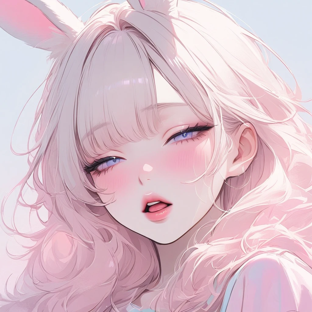 Girl, white hair, albino, beautiful, pastel pink shirt, pastel colors, face close-up, lipgloss, brat, wide mouth, ethereal, half-closed eyes, submissive, white bunny ears, cute, fluffy ears, sweet