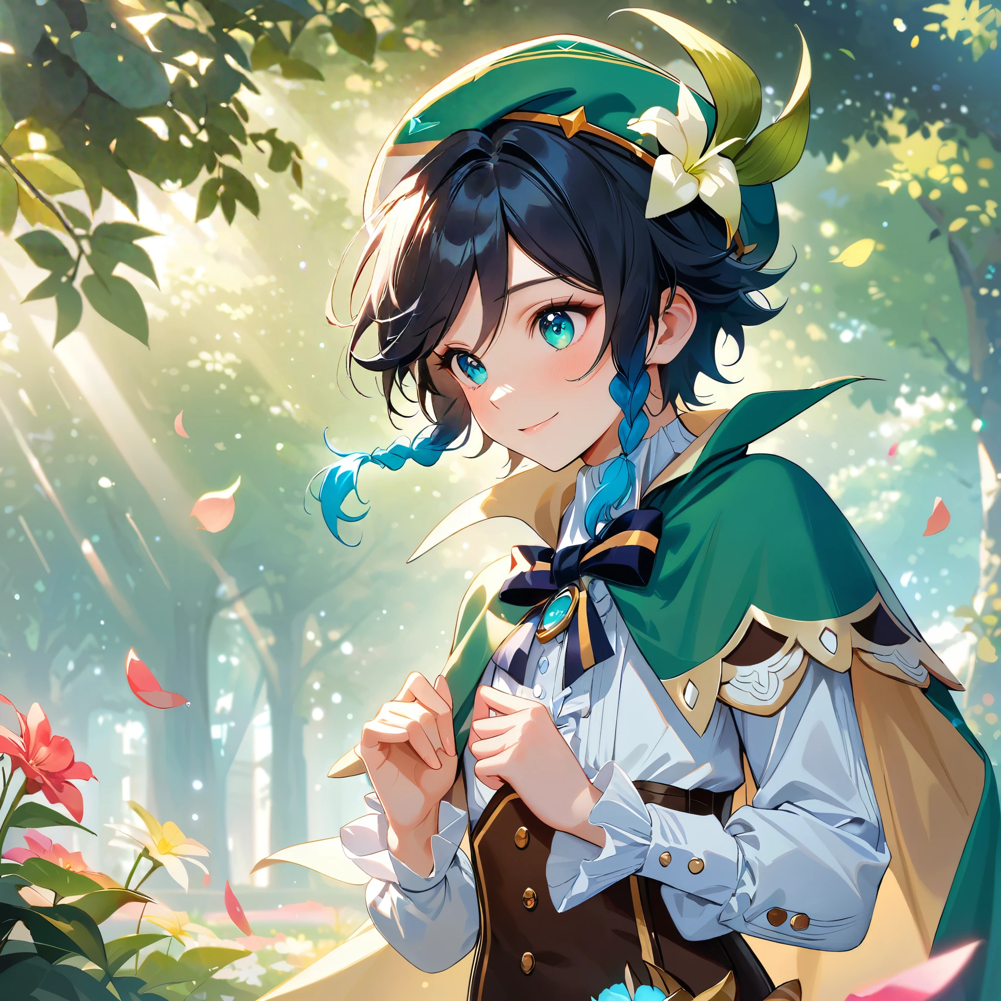 (best quality,4k,8k,highres,masterpiece:1.2),1boy,venti genshin impact,male focus,flat chest,ultra-detailed,realistic,morning of spring,delicate light rays,rich color palette,elegant curves,effects of light and shadow,flower petals falling,springtime essence,ethereal atmosphere,peaceful garden background,morning dew,soft sunlight filtering through trees,lush plants,komorebi,vividly colored blossoms,transcendent beauty,awe-inspiring artwork,white long-sleeved shirt, brown corset,green shorts, white tights,green cape,hat,brooch,green eyes, smile,cinematic lighting, ray tracing, UHD, high details, high quality, award winning, super detail, 