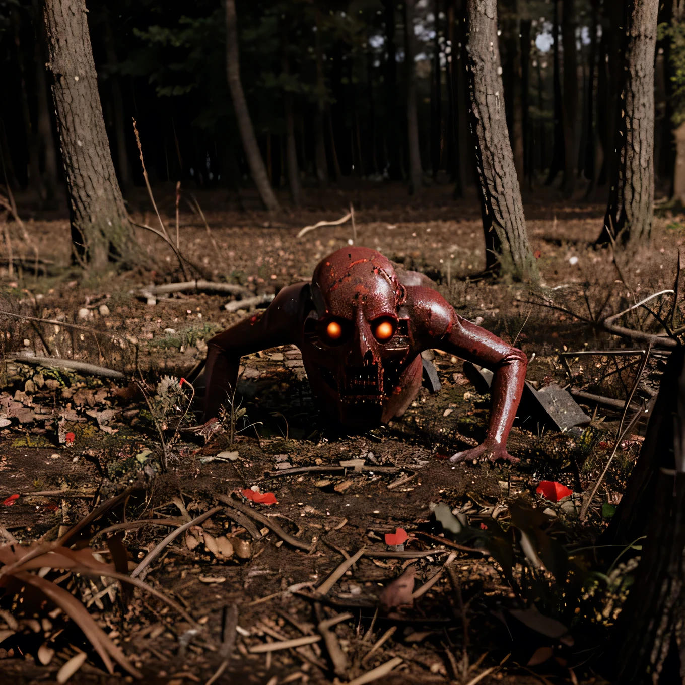 a forest and bizarre being of ghastly horror with red paint pieces 3d plastic