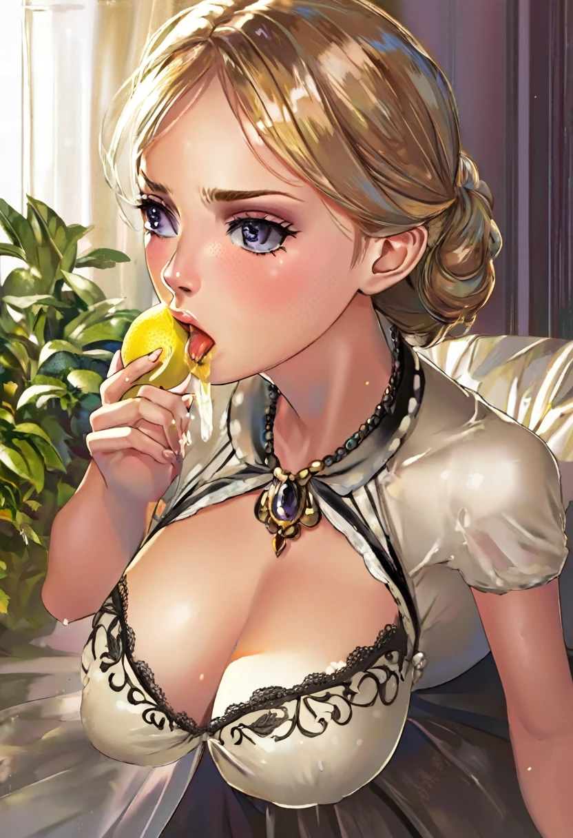 (comcal, woman spitting out lemon, shocked look on her face)1 girl, cute outfit, plunging neckline, breasts over exposed, puckering mouth, holding lemon slice, comical, full body, detailed realistic portrait, high quality, 8k, photorealistic, studio lighting, masterpiece, beautiful detailed eyes, beautiful detailed lips, extremely detailed face, long eyelashes, elegant, glamorous, intriguing, dynamic pose, natural lighting, warm color palette, cinematic composition