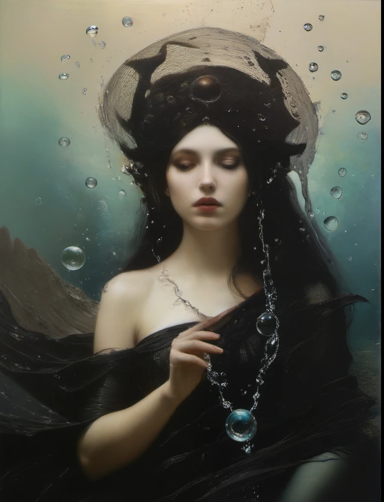 James Gurney, Surrealist art , dream-like, Mysterious, Provocative, symbolic, Complex, detailed,, (Gothic but very beautiful:1.4), (masterpiece, highest quality:1.4) , Nicola Samori Style, siren 、Water bubbles